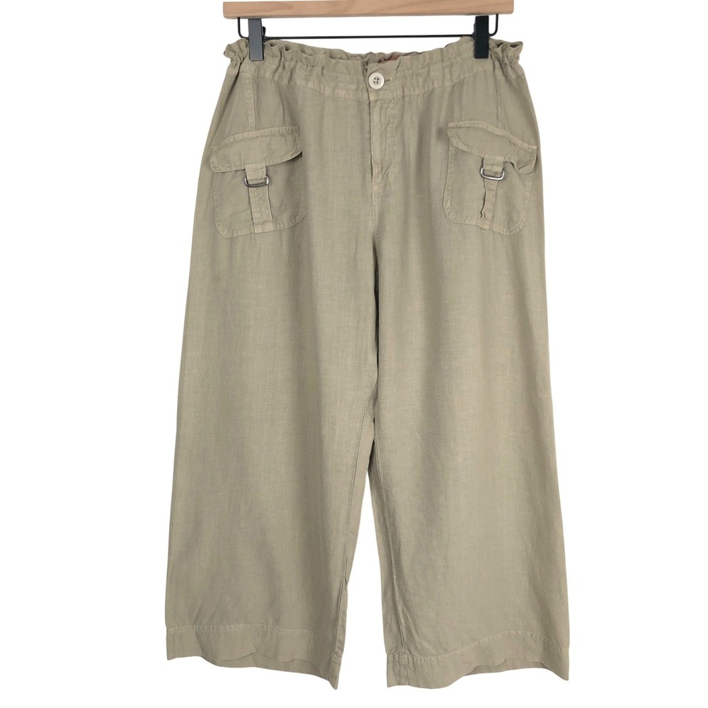 JOHNNY WAS 100% Linen Wide Leg Cropped Cargo Pants Sz L Khaki Tan Boho Pockets